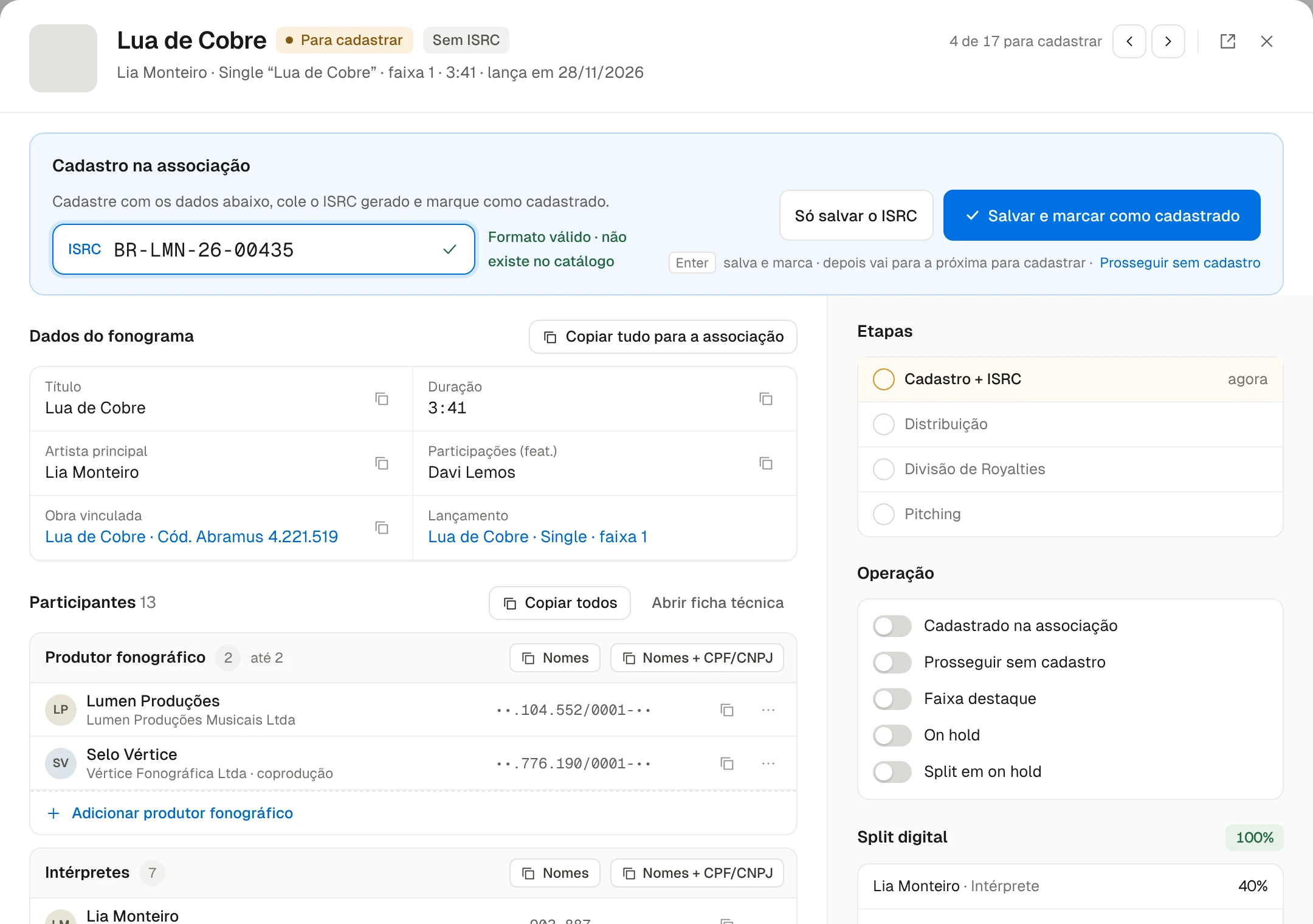 Detalhe de um fonograma no Musyc com ISRC, participantes e documentos prontos para copiar (dados fictícios)